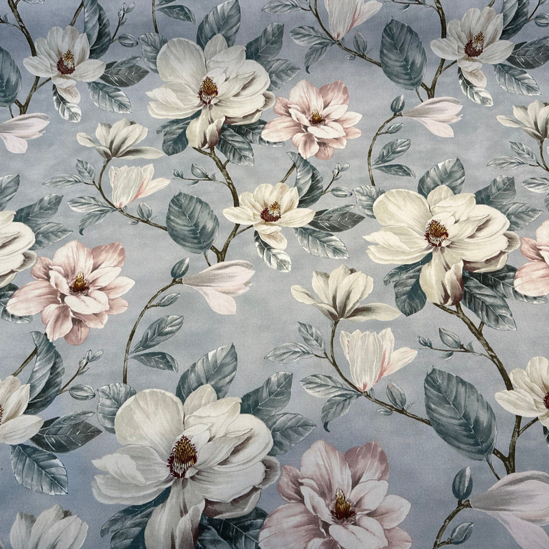 Magnolia Blossom Print Cotton Fabric - Cream, Pink, Green Floral, 54" Width (1 Yard)