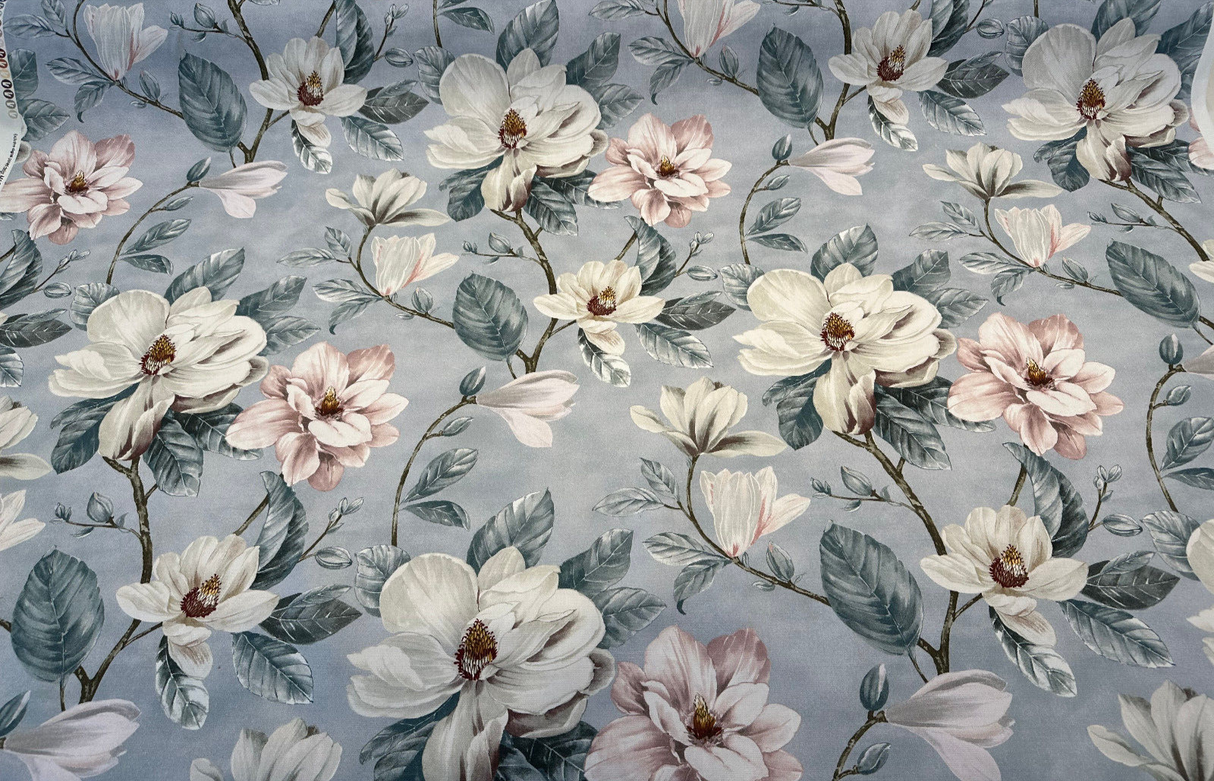 Magnolia Blossom Print Cotton Fabric - Cream, Pink, Green Floral, 54" Width (1 Yard)