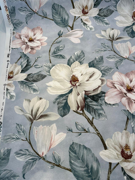 Magnolia Blossom Print Cotton Fabric - Cream, Pink, Green Floral, 54" Width (1 Yard)