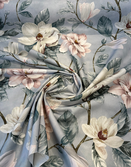 Magnolia Blossom Print Cotton Fabric - Cream, Pink, Green Floral, 54" Width (1 Yard)