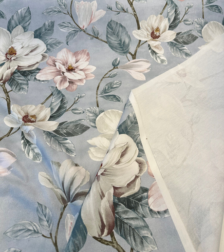 Magnolia Blossom Print Cotton Fabric - Cream, Pink, Green Floral, 54" Width (1 Yard)