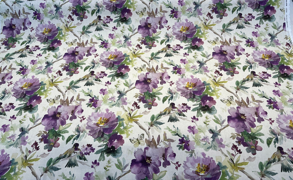 Peggy Cotton Fabric - Floral Butterflies, Lavender, 54" Width (By The Yard)