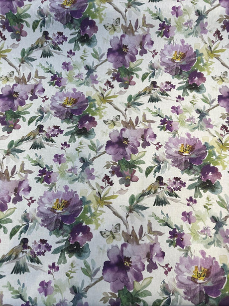 Peggy Cotton Fabric - Floral Butterflies, Lavender, 54" Width (By The Yard)