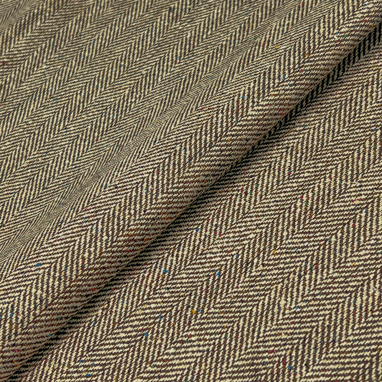 Brown And Cream Herringbone Flecked Silk Wool Tweed Fabric - Herringbone Pattern, 60" Width