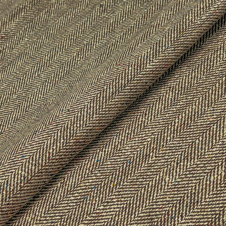 Brown And Cream Herringbone Flecked Silk Wool Tweed Fabric - Herringbone Pattern, 60" Width