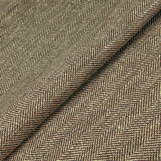 Brown And Cream Herringbone Flecked Silk Wool Tweed Fabric - Herringbone Pattern, 60" Width