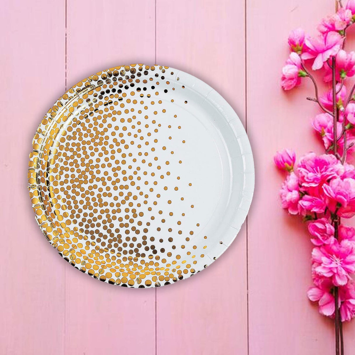 8 Count Gold Foil Dots White Dinner Paper Plates Disposable for Wedding Party Elegant 10 Inch