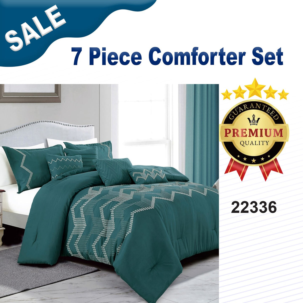 7 Pieces Kefira Teal Embroidery Comforter Set Breathable