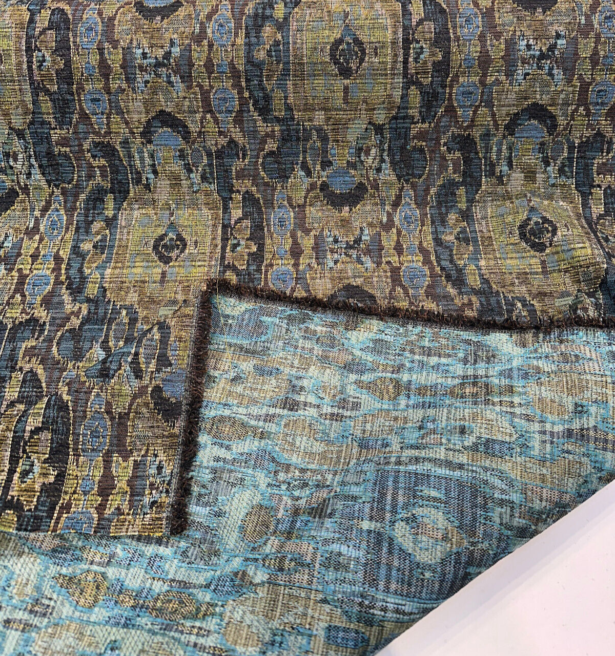Hindley Maja Aqua Mill Creek Latex Backed Chenille Fabric - Aqua, Taupe, Gold, Beige, 56" Width (1 Yard)