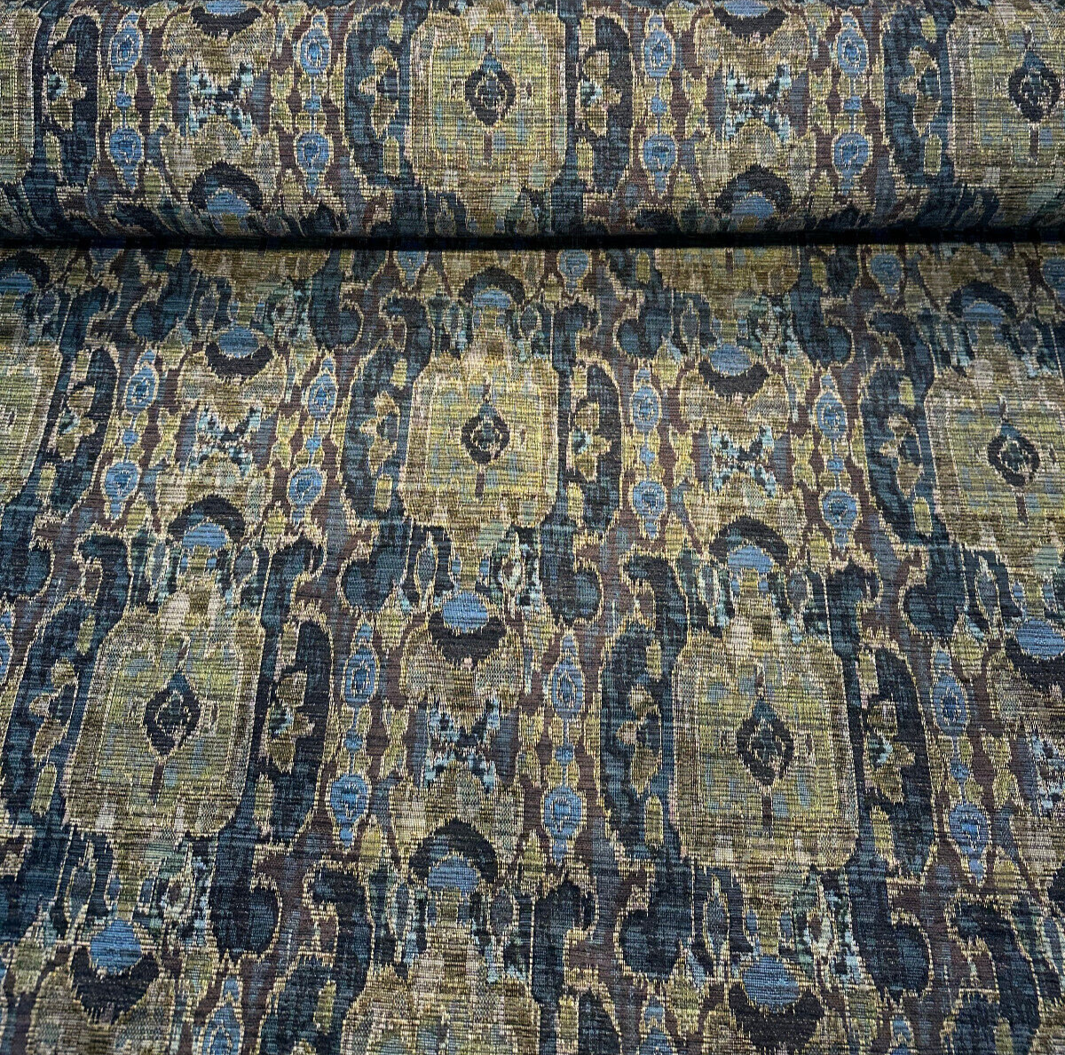Hindley Maja Aqua Mill Creek Latex Backed Chenille Fabric - Aqua, Taupe, Gold, Beige, 56" Width (1 Yard)