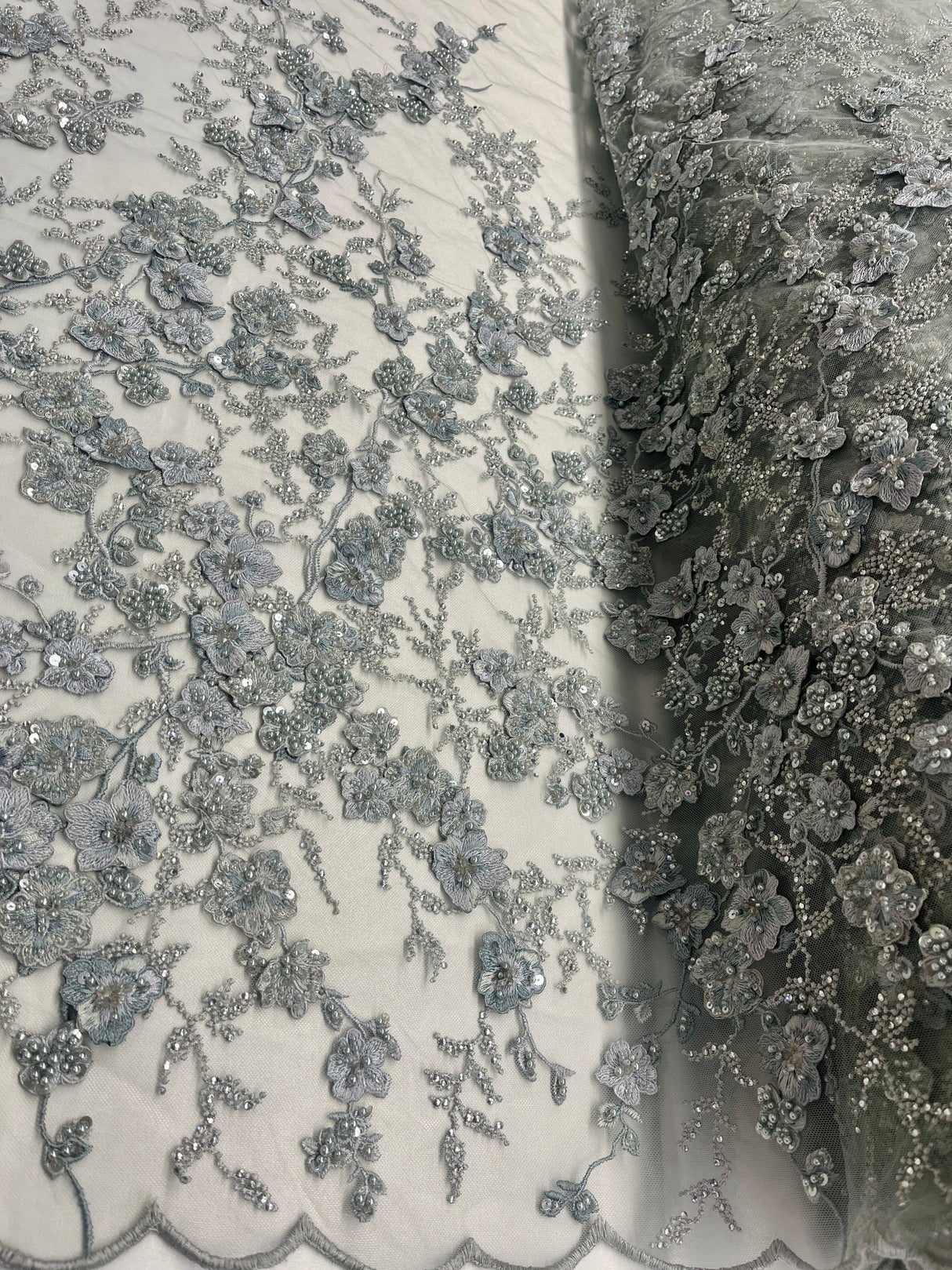 Beaded 3D Floral Multitone Lace Fabric - Sage, 56" Width (1 Yard)