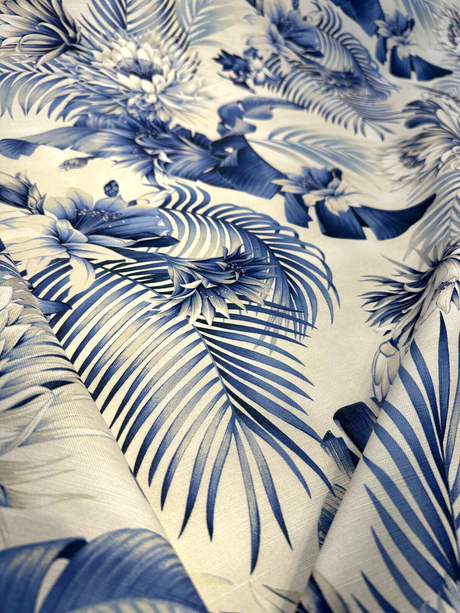 Harbor Island Cotton Fabric - Blue Azure Floral Botanical Tropical Leaves, 54" Width (By The Yard)