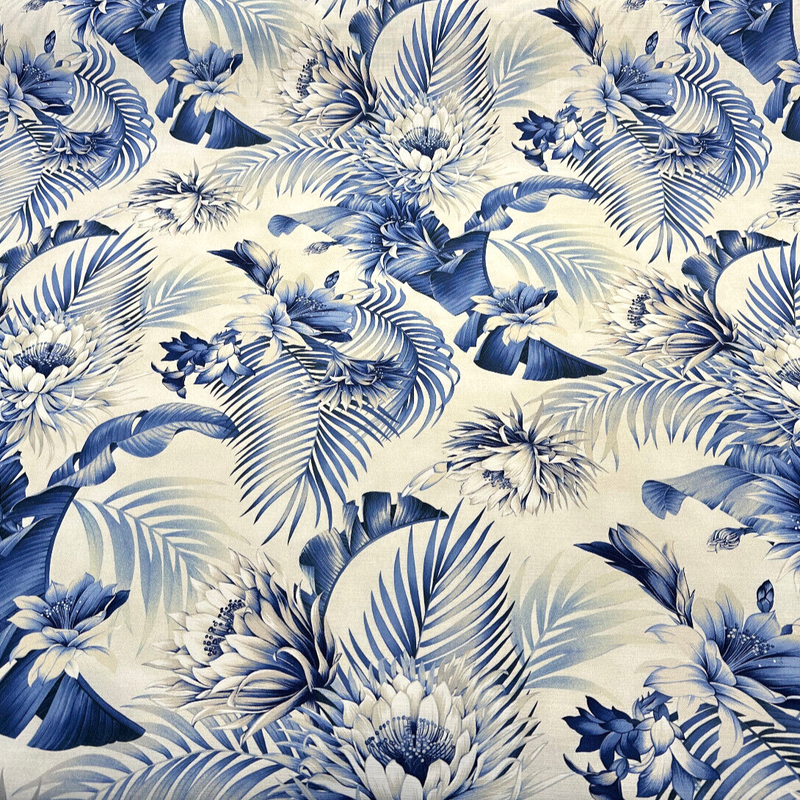 Harbor Island Cotton Fabric - Blue Azure Floral Botanical Tropical Leaves, 54" Width (By The Yard)