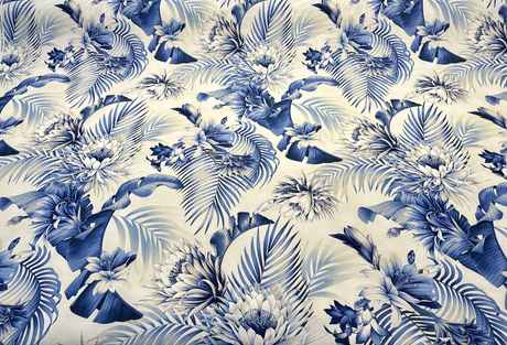 Harbor Island Cotton Fabric - Blue Azure Floral Botanical Tropical Leaves, 54" Width (By The Yard)