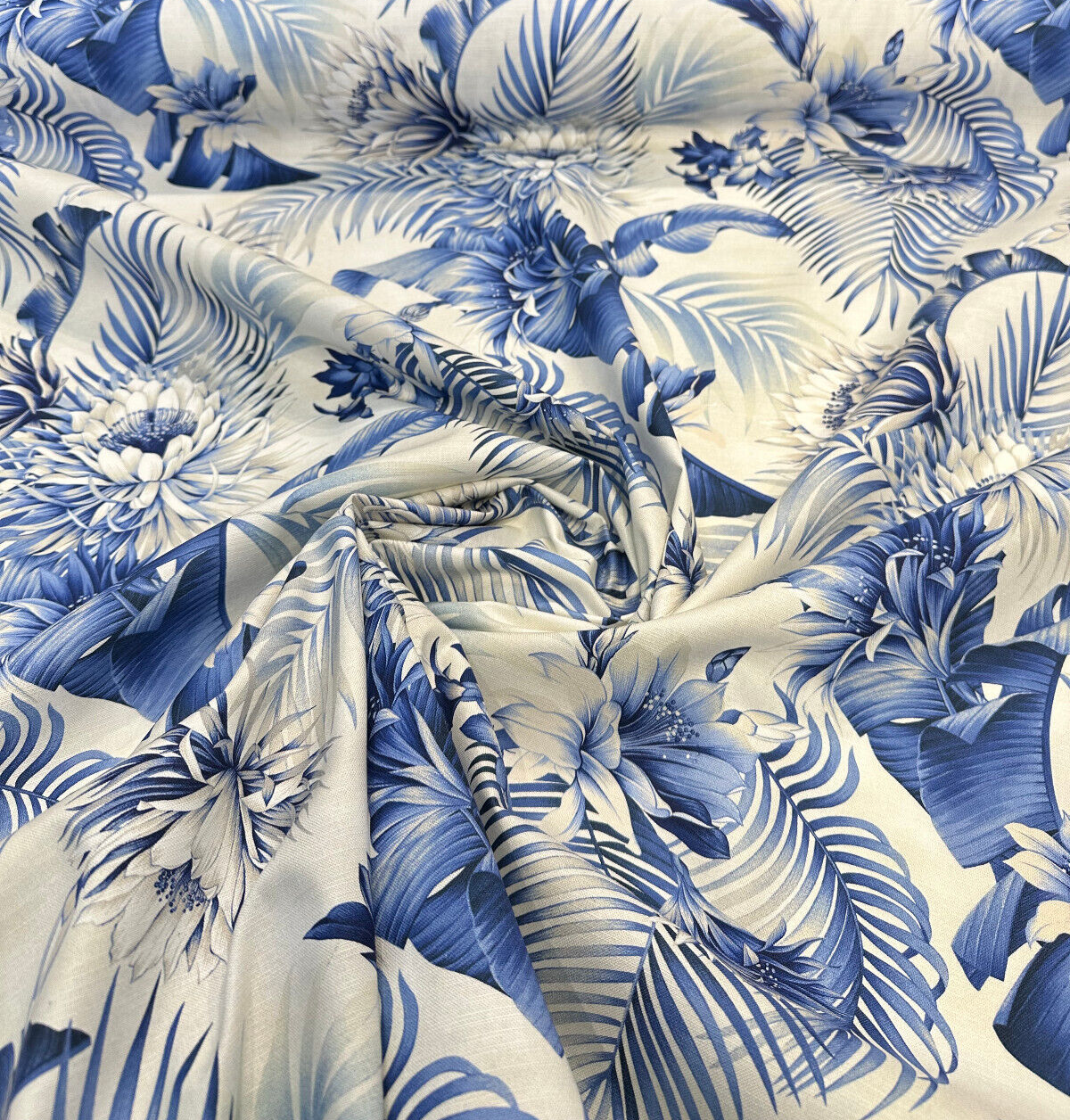 Harbor Island Cotton Fabric - Blue Azure Floral Botanical Tropical Leaves, 54" Width (By The Yard)