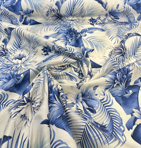 Harbor Island Cotton Fabric - Blue Azure Floral Botanical Tropical Leaves, 54" Width (By The Yard)