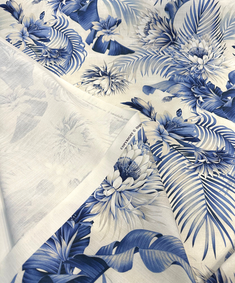 Harbor Island Cotton Fabric - Blue Azure Floral Botanical Tropical Leaves, 54" Width (By The Yard)