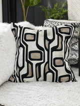 Makymo Black Velvet Pillow Fabric - Geometric Abstract Embroidery, Ivory, Bronze & Black, 20" X 20" (1 Piece)