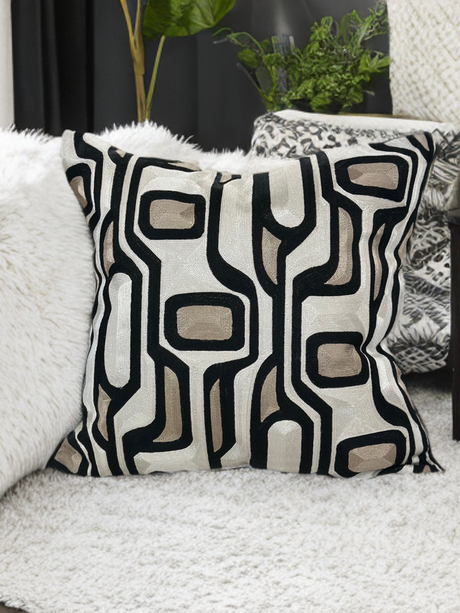 Makymo Black Velvet Pillow Fabric - Geometric Abstract Embroidery, Ivory, Bronze & Black, 20" X 20" (1 Piece)