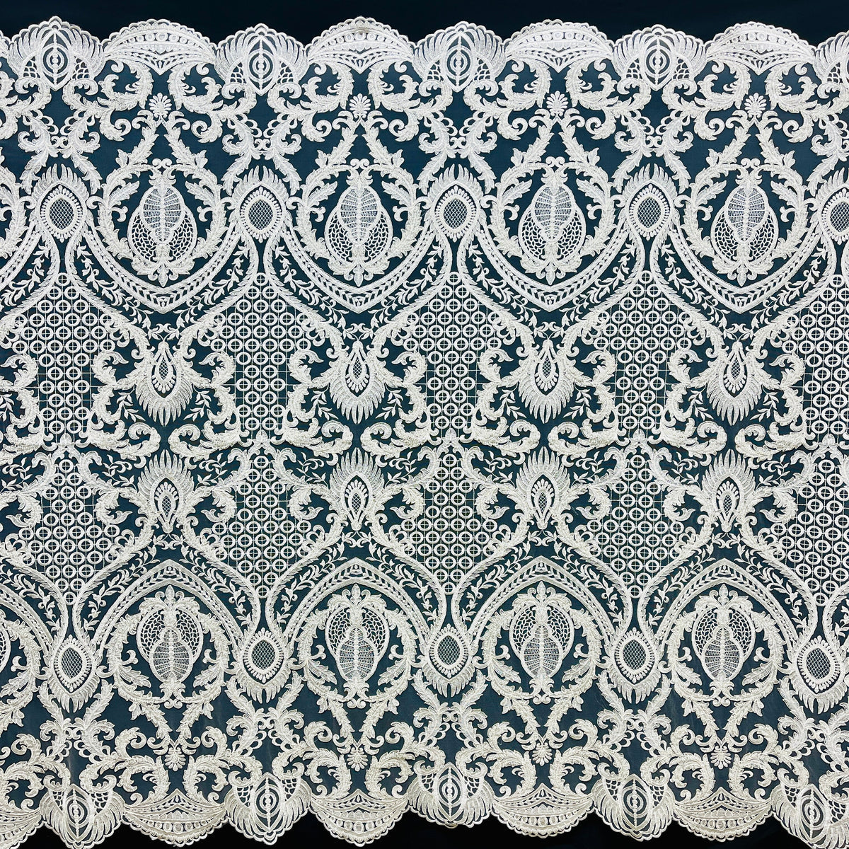 1 Yard 54" Wide Beaded & Corded Bridal Lace Fabric Embroidered on 100% Polyester Net Mesh