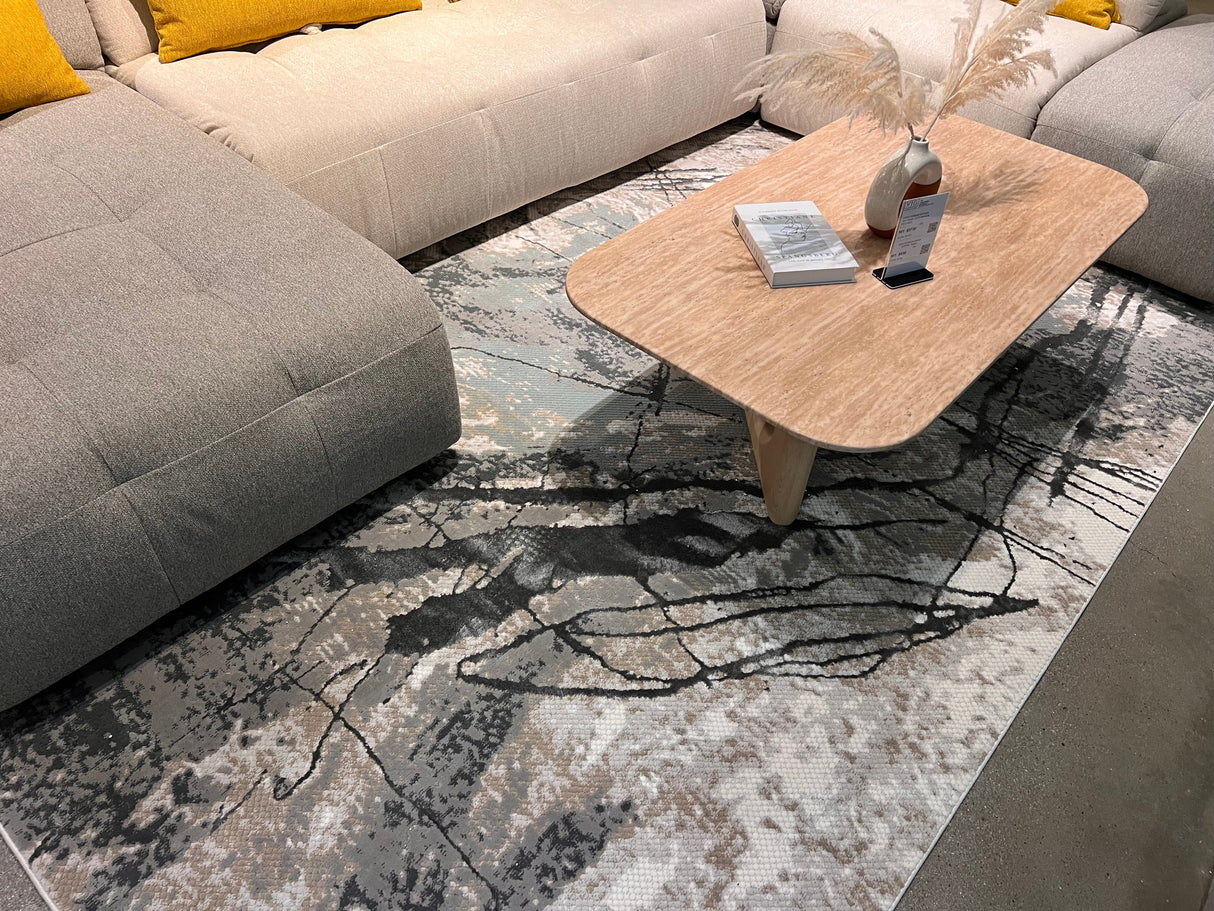 METZ 4202 Polyester Viscose Area Rug - Abstract Marbled High-Low, Crème Beige, Charcoal Tone-On-Tone, Faded Teal & Mocha Accents (9' 8" X 13')