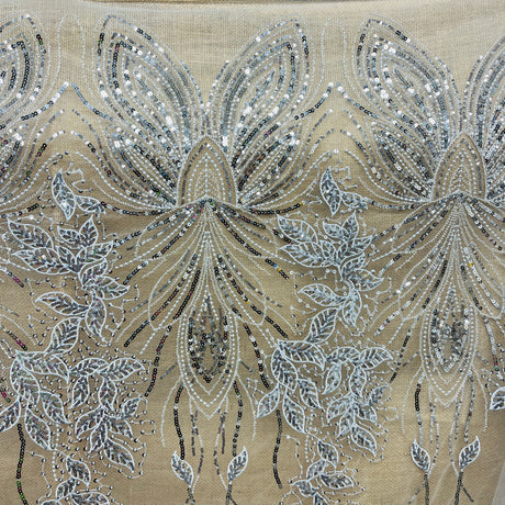 Beaded Sequined Lace Fabric Leaf Vine