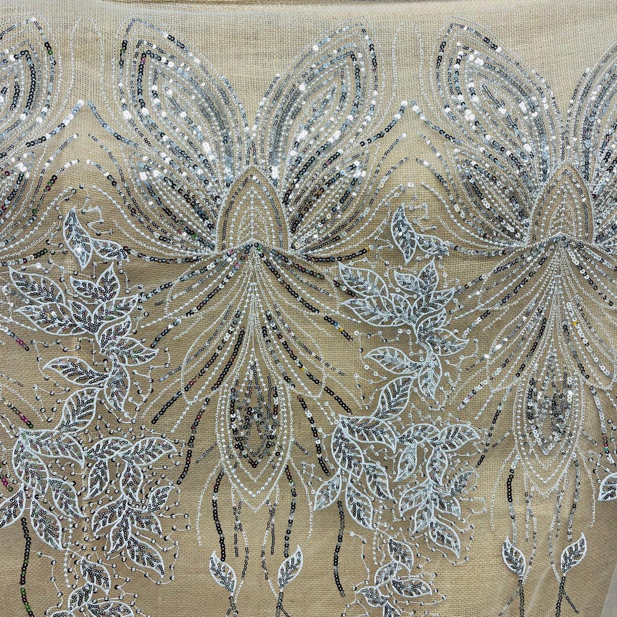 Beaded Sequined Lace Fabric Leaf Vine Design