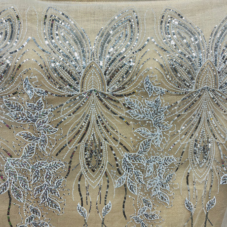 Beaded Sequined Lace Fabric Leaf Vine Design