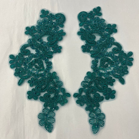 1 Pair 9" x 3" Each Side Beaded & Corded Floral Lace Applique Organza