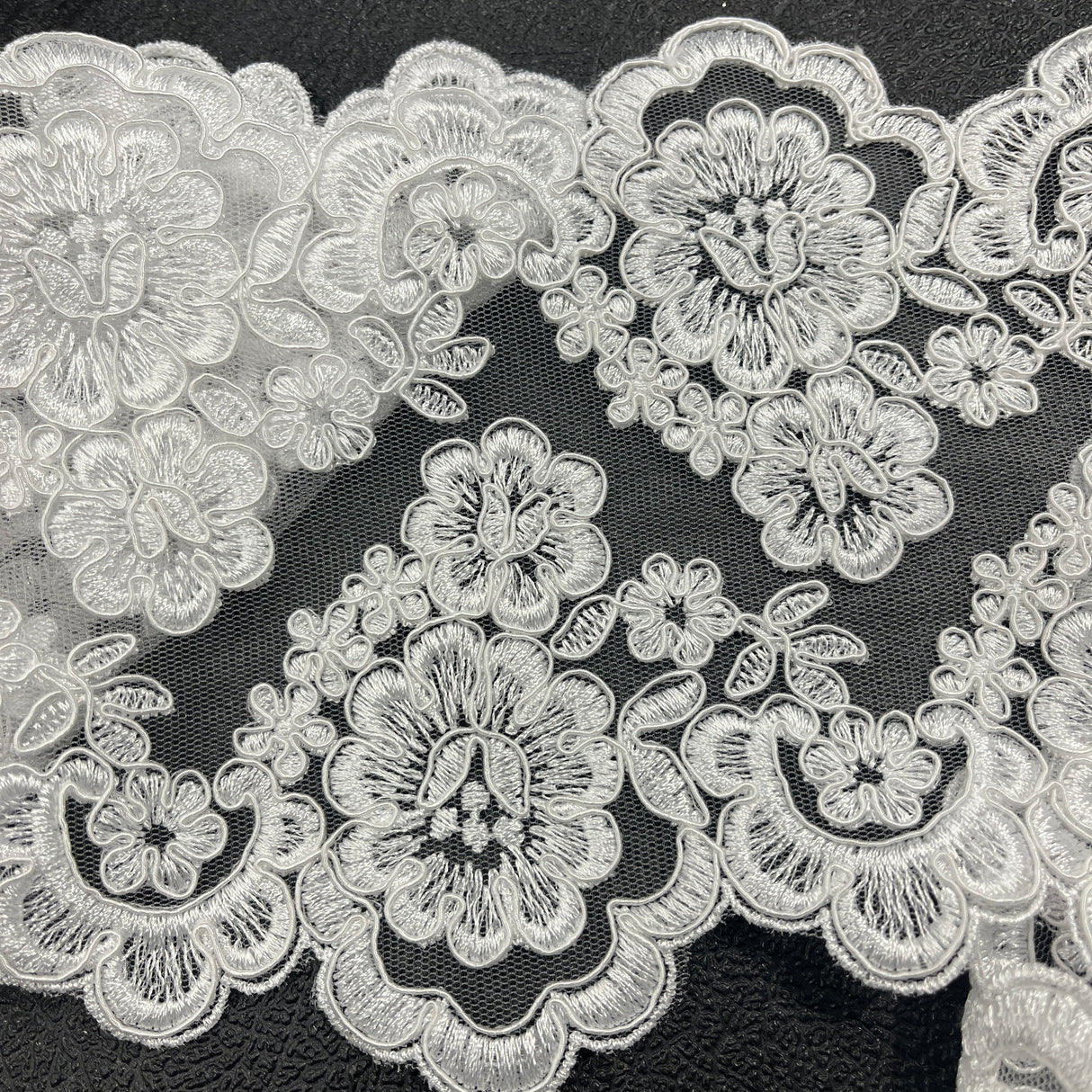 Corded Double Sided Lace Trimming Polyester Fabric - Embroidered Net Mesh, 6.5" Width (1 Yard)
