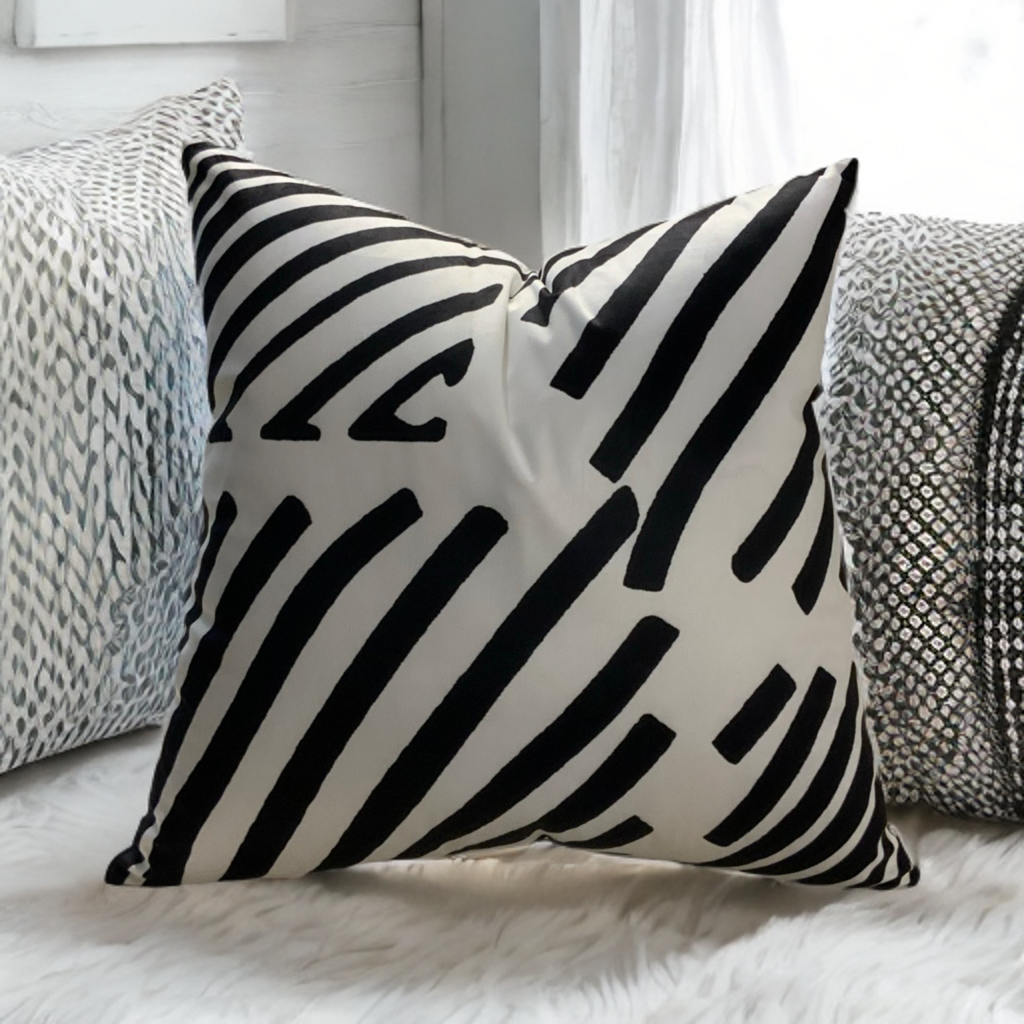 VIVA019 Velvet Pillow Fabric - White Black Geometric Design, 20" X 20" (1 Pillow)