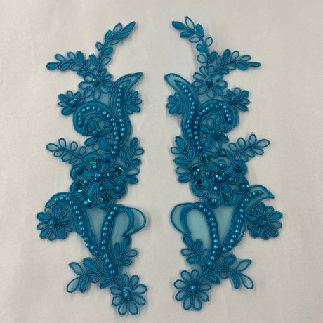 1 Pair Beaded & Corded Floral Lace Applique 9" x 2.5" Each Side