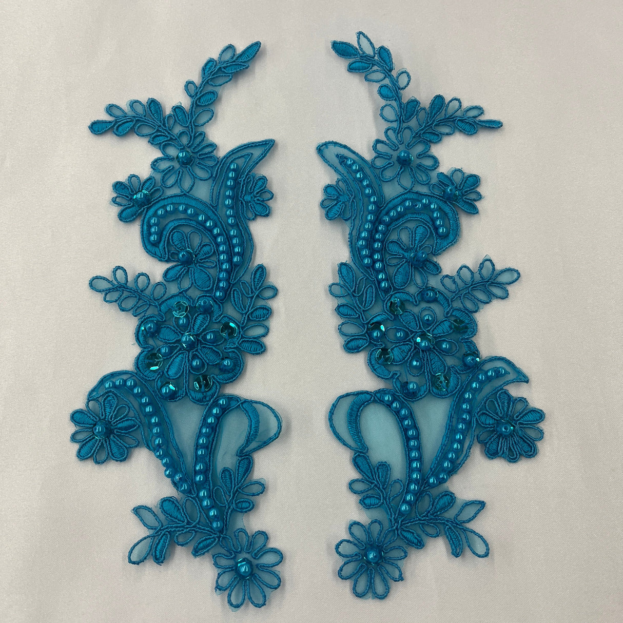 Beaded Corded Floral Lace Applique Pair