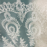 1 Yard Corded Bridal Lace Fabric Embroidered on 100% Polyester Net