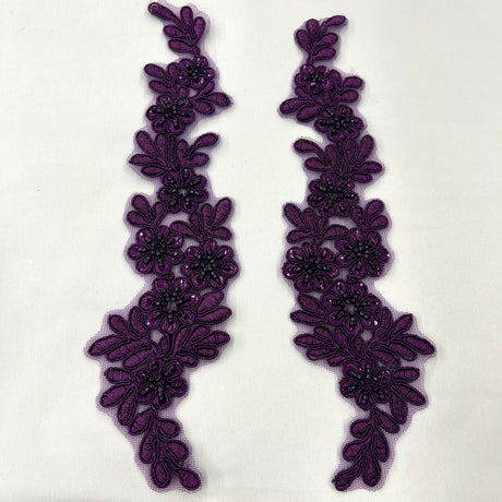 1 Pair 9.5" x 2" Each Side Beaded & Corded Floral Lace Applique Embroidered on 100% Polyester Net Mesh