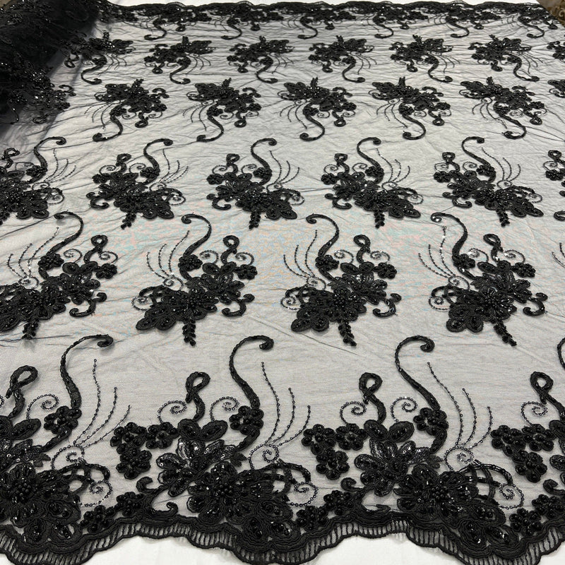 Beaded & Corded Lace Fabric - Embroidered 100 Percent Polyester Net Mesh, Navy/Black, 54" Width (1 Yard)