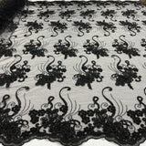 Beaded & Corded Lace Fabric - Embroidered 100 Percent Polyester Net Mesh, Navy/Black, 54" Width (1 Yard)