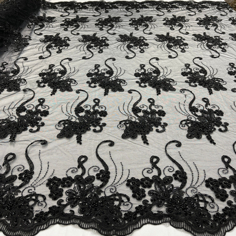Beaded Corded Lace Navy Mesh