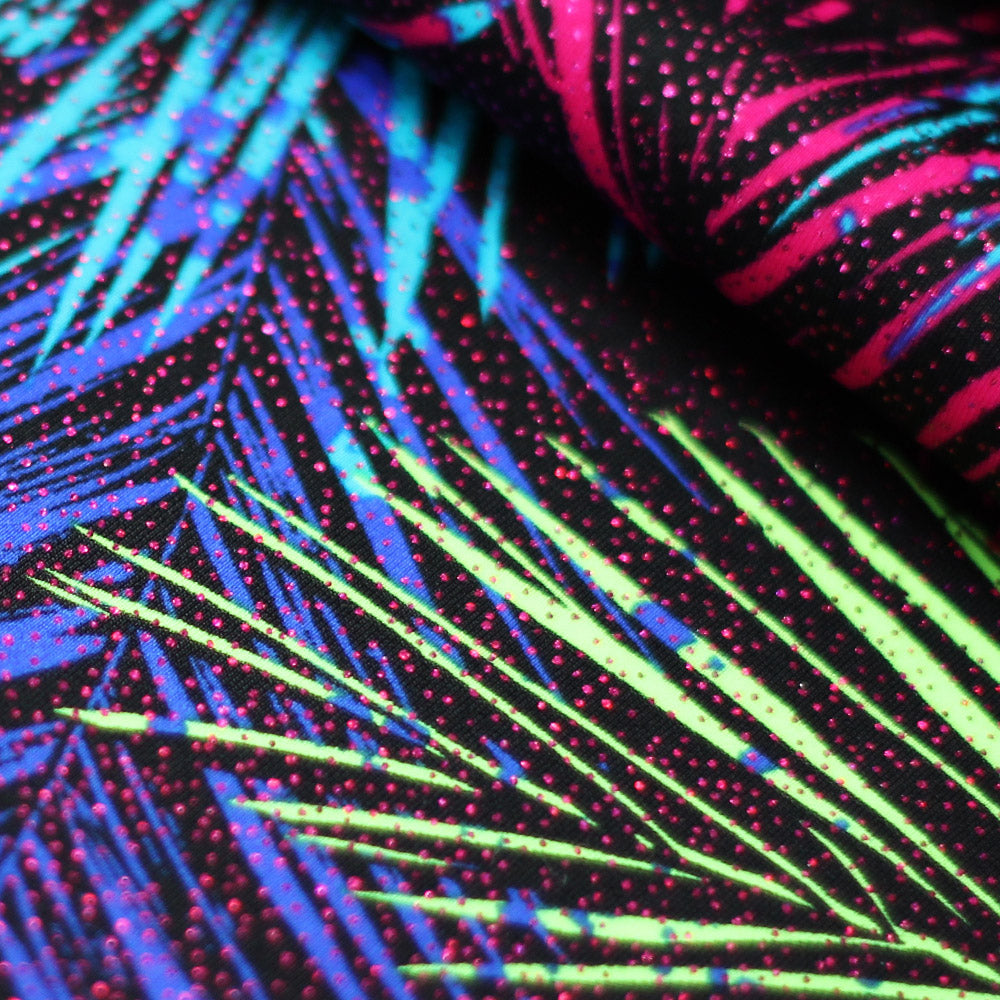 Electric Tropics Nylon Spandex Fabric - Tropical Palm Leaf Print, Multi, Orange-Red, Green-Blue, Pink-Purple, 58-60" Width (1 Yard)