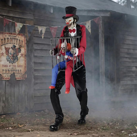 Animated Rotten Ringmaster with Caged Clown Halloween Yard Prop, with animated movement for a spooky Halloween effect