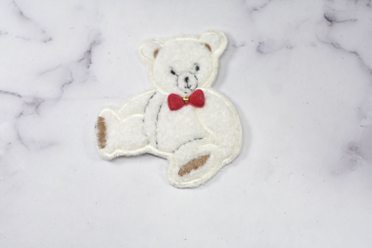 Embroidered Bear Patch White with Red Bow