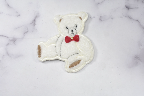 Embroidered Bear Patch White with Red Bow