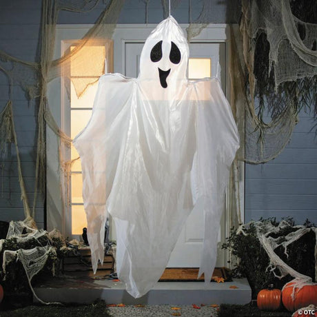 Smiling Ghost Polyester Hanging Halloween Decoration for Porch, hangs on a porch or door for spooky Halloween display