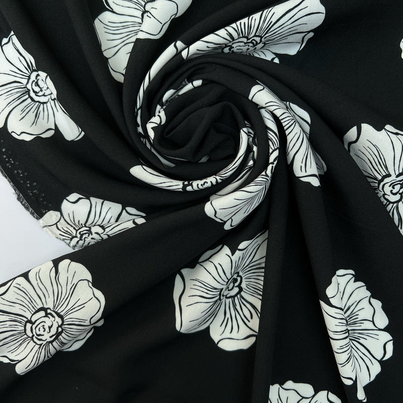 Viscose Printed Floral Fabric Black White