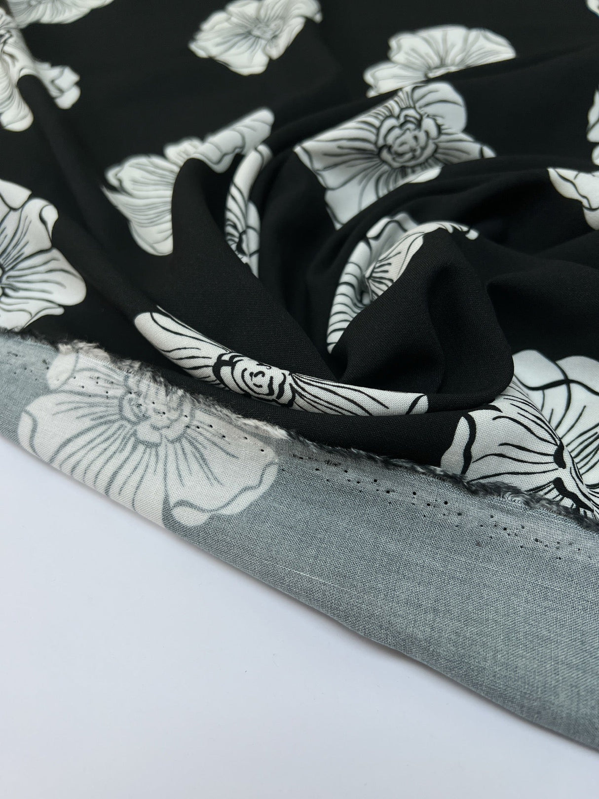 Viscose Printed Floral Fabric Black White