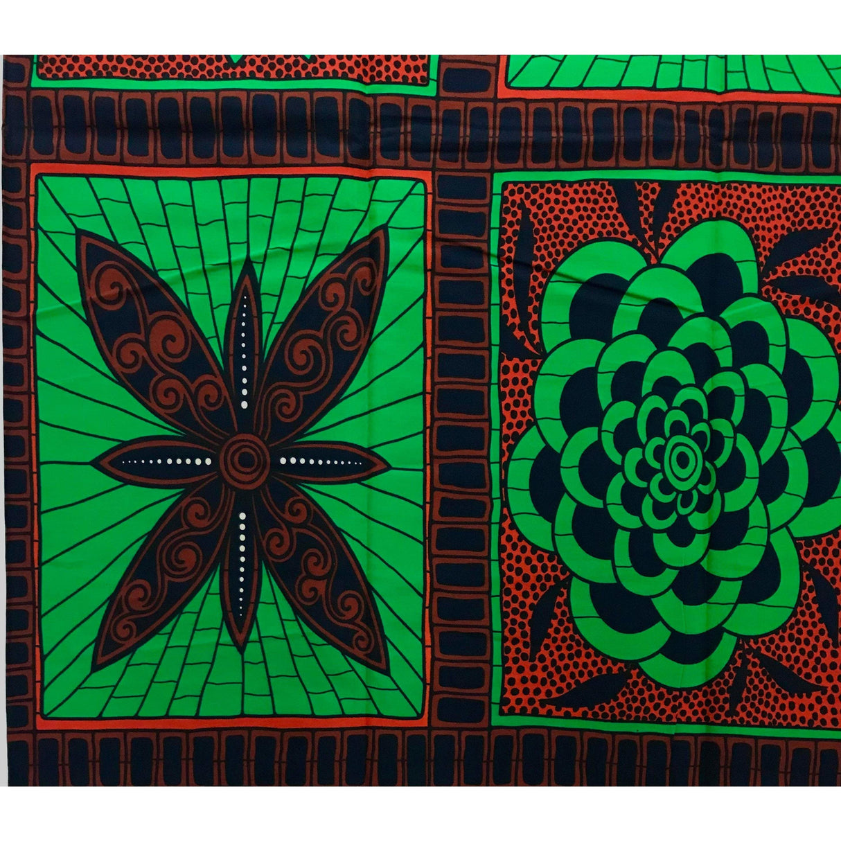 African Print Fabric Ankara Cotton Fabric - Green, Brown, Navy Snap & Bloom, 46" Width (Per Yard)