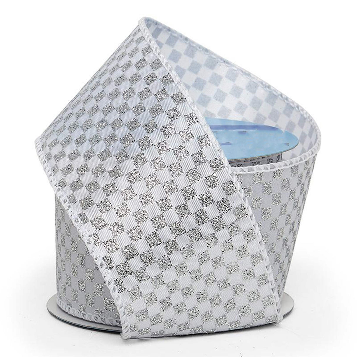 Glitter Mini Checker Pattern On Wired Ribbon 2 1/2 '' X 10 yd Silver / White Color 1 / roll