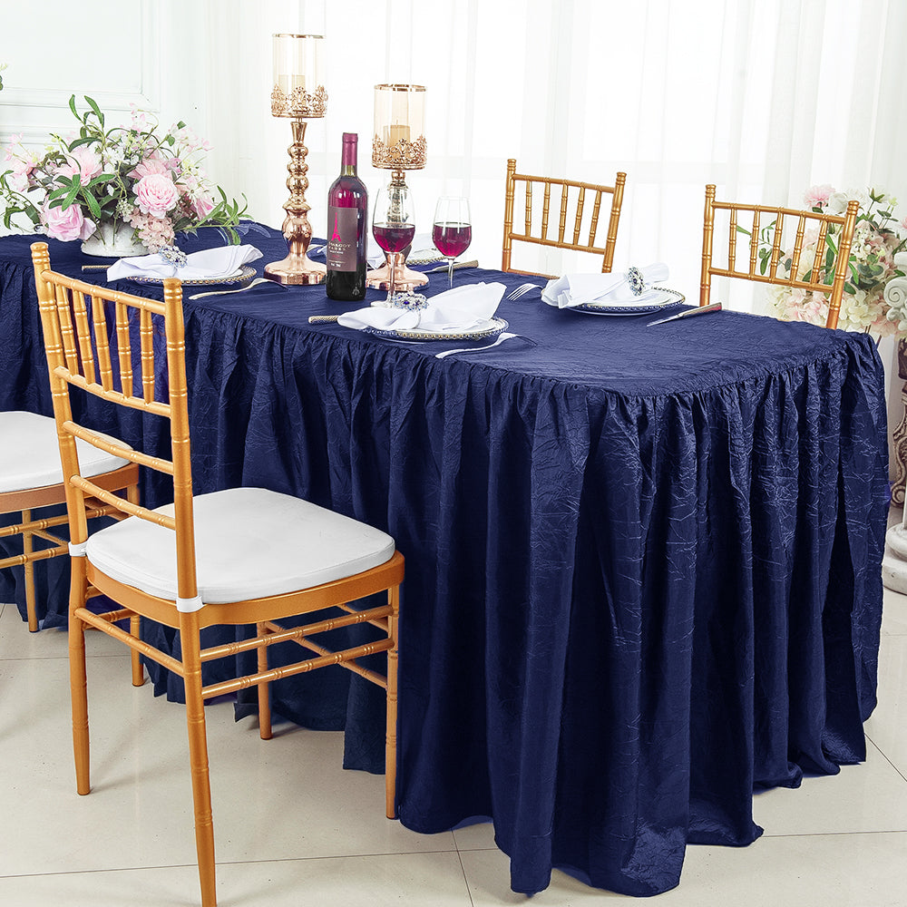 Rectangular Ruffled Fitted Crushed Taffeta Tablecloth With Skirt Navy Blue