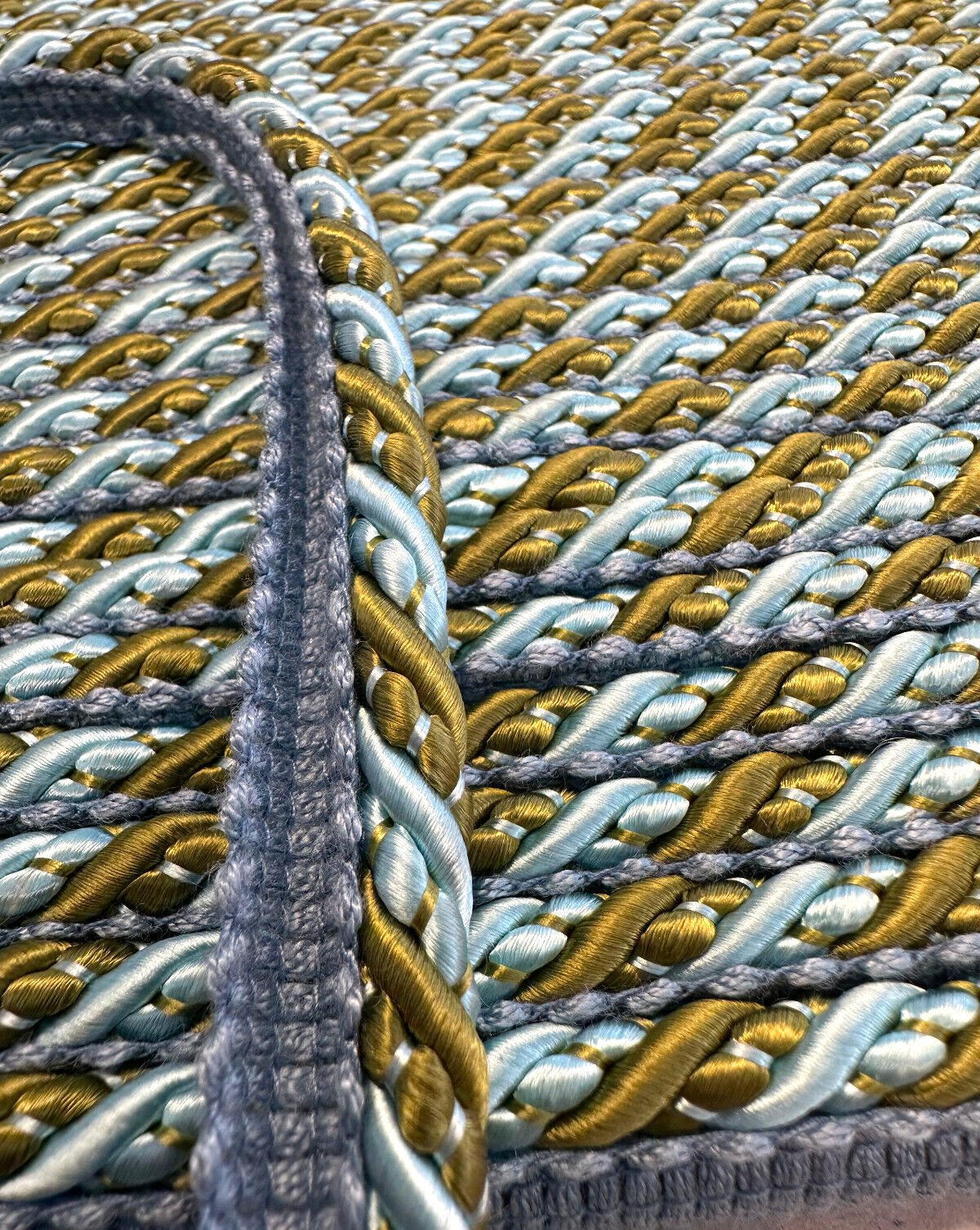 Light Blue With Olive Green Trim Rope With Gimp Polyester Fabric - Light Blue, Olive Green, Gimp Trim, 2 CM Width (1 Yard)