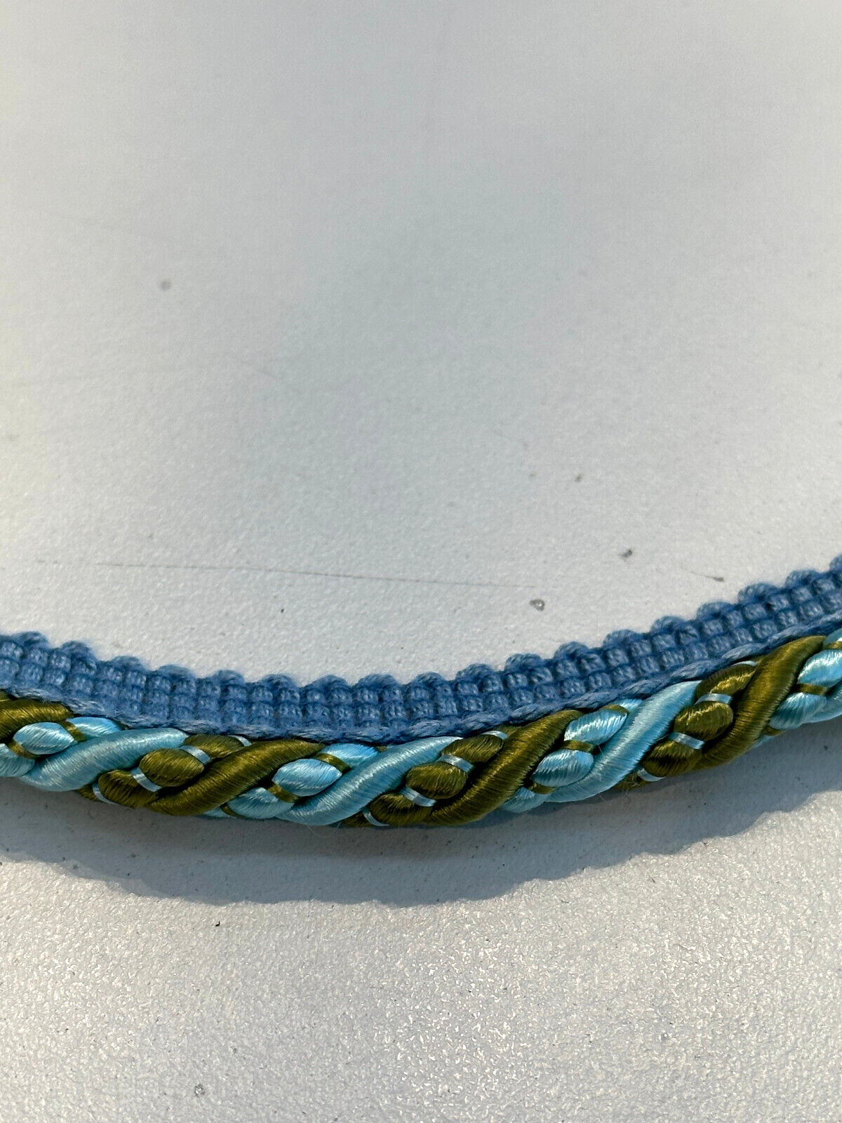 Light Blue With Olive Green Trim Rope With Gimp Polyester Fabric - Light Blue, Olive Green, Gimp Trim, 2 CM Width (1 Yard)